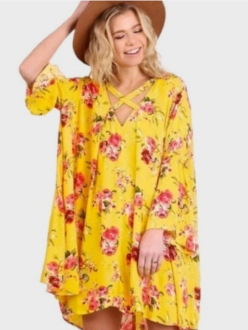 Umgee Swing Dress Women's Size Small Oversize Yellow & Pink Floral Romantic
